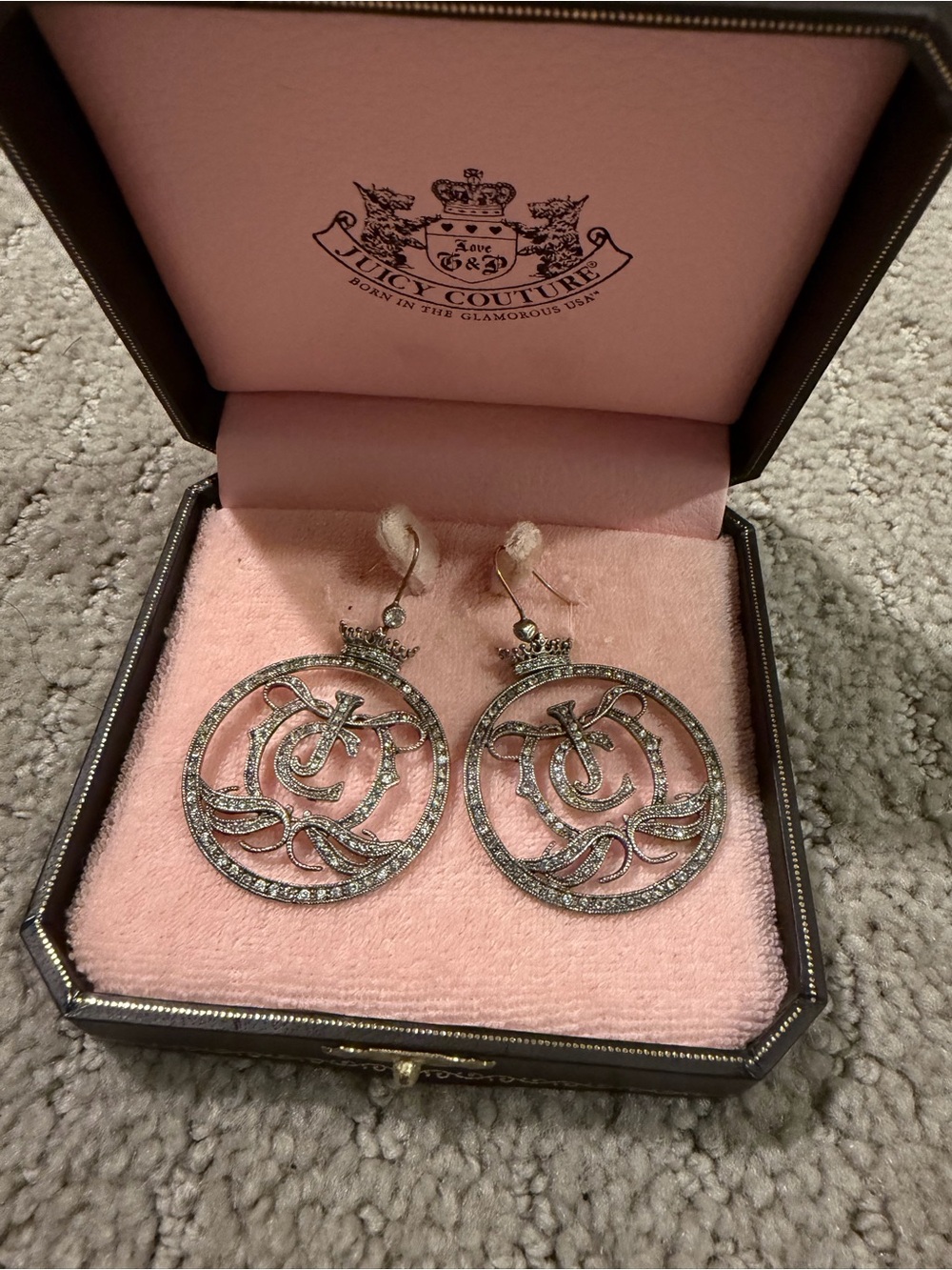 Juicy Couture Silver Crystal Crown Monogram Drop Earrings - Pink Box